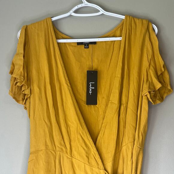 NWT! Lulus Mustard Yellow Short Sleeve Wrap Dress Size Small - Picture 4 of 12